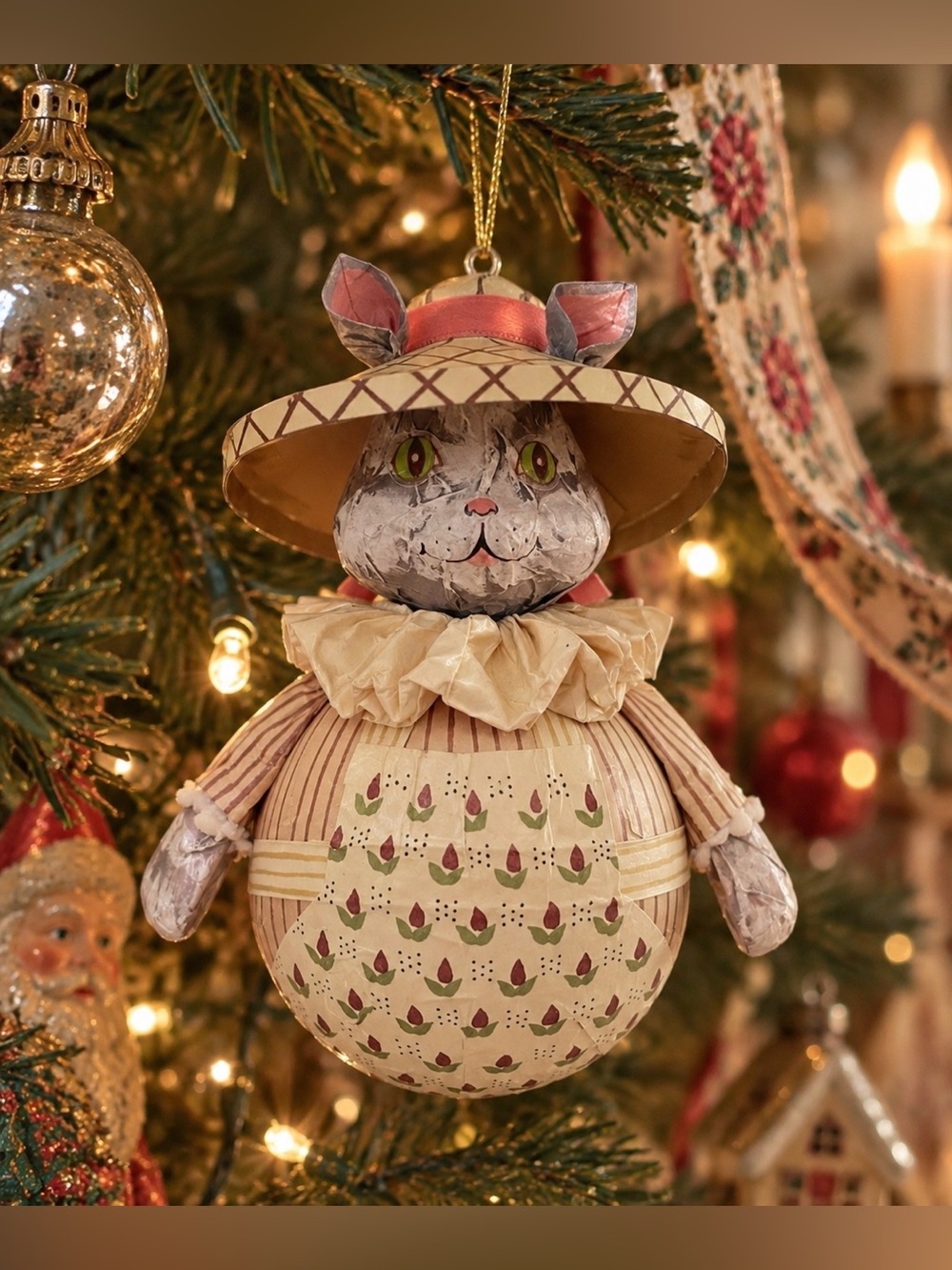 Vintage House of Louis Nichole x Kurt Adler Roly Poly Cat Ornament Paper Mache